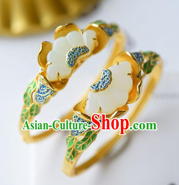 China Handmade Golden Bracelet Traditional Jewelry Accessories National Blueing Jade Lotus Bangle China Handmade Golden Bracelet Traditional Jewelry Accessories National Blueing Jade Lotus Bangle