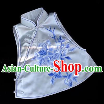 Chinese Embroidered Peony Vest Upper Outer Garment Traditional White Silk Waistcoat Costume