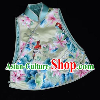 Chinese Embroidered Flowers Bird Vest Costume Traditional Upper Outer Garment Light Green Silk Waistcoat