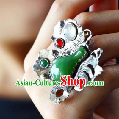 Chinese National Silver Butterfly Ring Jewelry Traditional Handmade Gems Circlet Jade Accessories