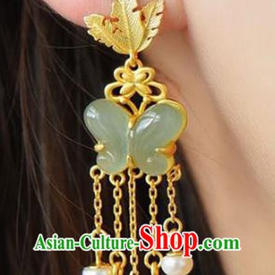 Handmade China National Jade Butterfly Earrings Traditional Jewelry Cheongsam Pearls Tassel Eardrop Accessories