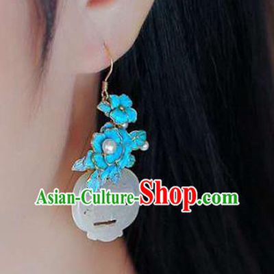 Handmade China Wedding Pearls Eardrop Accessories Jade Jewelry Traditional Cheongsam Blue Peony Earrings