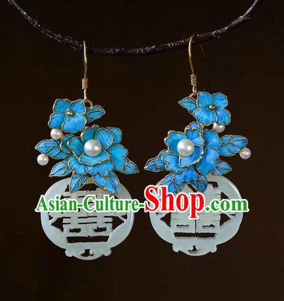 Handmade China Wedding Pearls Eardrop Accessories Jade Jewelry Traditional Cheongsam Blue Peony Earrings Handmade China Wedding Pearls Eardrop Accessories Jade Jewelry Traditional Cheongsam Blue Peony Earrings