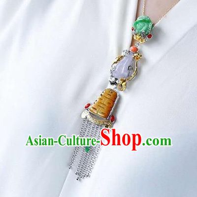 Chinese Classical Silver Tassel Necklace Handmade Jewelry Accessories National Wedding Jade Necklet Pendant