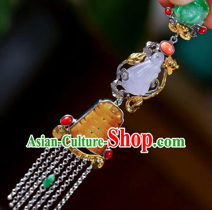 Chinese Classical Silver Tassel Necklace Handmade Jewelry Accessories National Wedding Jade Necklet Pendant Chinese Classical Silver Tassel Necklace Handmade Jewelry Accessories National Wedding Jade Necklet Pendant