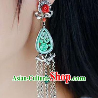 Handmade China National Cheongsam Silver Tassel Earrings Jade Eardrop Accessories Traditional Jewelry