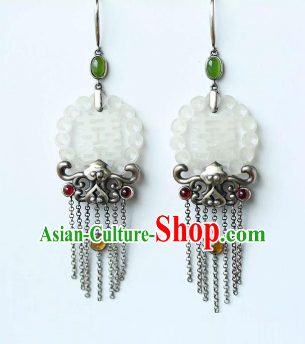 Handmade China Jade Eardrop Accessories National Cheongsam Silver Tassel Earrings Traditional Wedding Jewelry Handmade China Jade Eardrop Accessories National Cheongsam Silver Tassel Earrings Traditional Wedding Jewelry