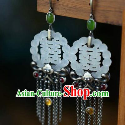 Handmade China Jade Eardrop Accessories National Cheongsam Silver Tassel Earrings Traditional Wedding Jewelry