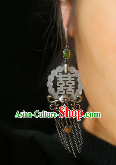 Handmade China Jade Eardrop Accessories National Cheongsam Silver Tassel Earrings Traditional Wedding Jewelry Handmade China Jade Eardrop Accessories National Cheongsam Silver Tassel Earrings Traditional Wedding Jewelry