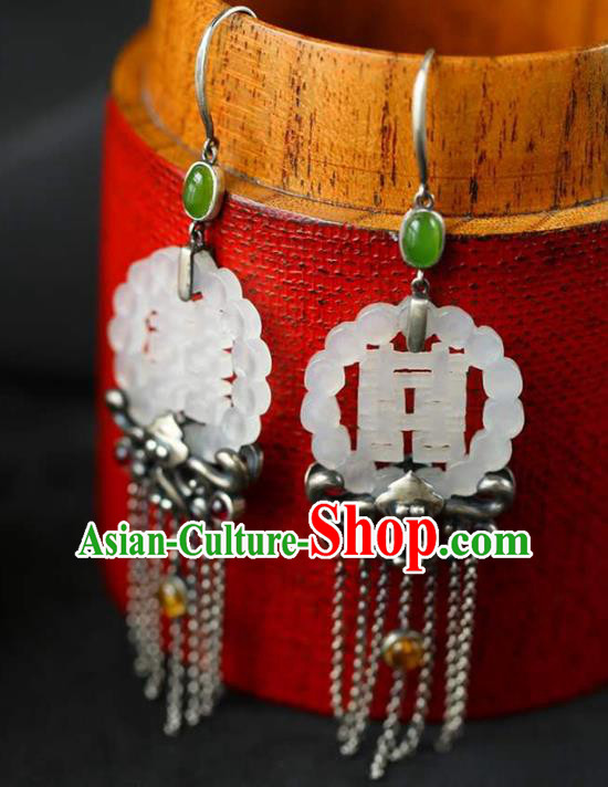 Handmade China Jade Eardrop Accessories National Cheongsam Silver Tassel Earrings Traditional Wedding Jewelry Handmade China Jade Eardrop Accessories National Cheongsam Silver Tassel Earrings Traditional Wedding Jewelry
