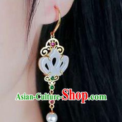 Handmade China Traditional Jewelry National Cheongsam Jade Earrings Golden Crown Eardrop Accessories