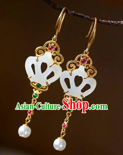 Handmade China Traditional Jewelry National Cheongsam Jade Earrings Golden Crown Eardrop Accessories Handmade China Traditional Jewelry National Cheongsam Jade Earrings Golden Crown Eardrop Accessories