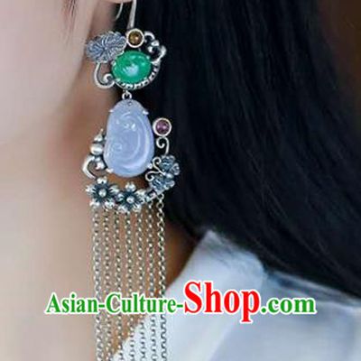 Handmade China Traditional Jade Eardrop Accessories National Cheongsam Silver Tassel Earrings Jewelry