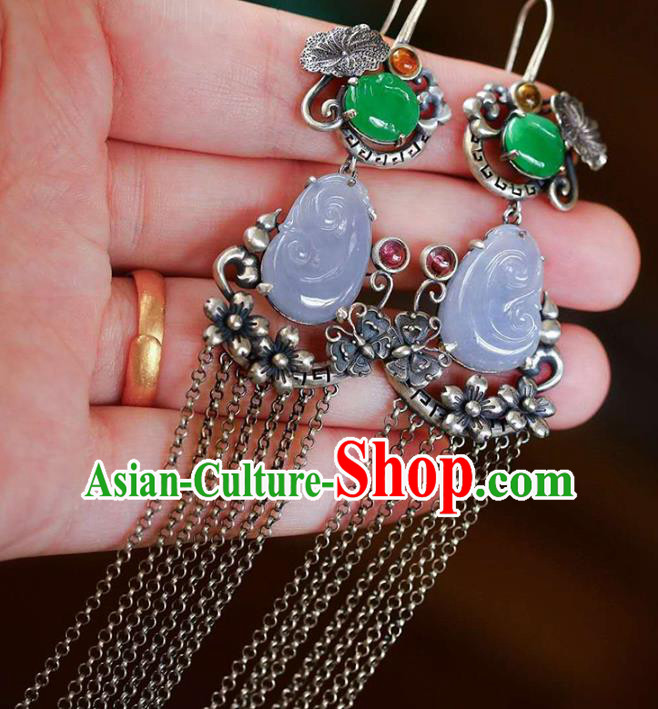 Handmade China Traditional Jade Eardrop Accessories National Cheongsam Silver Tassel Earrings Jewelry Handmade China Traditional Jade Eardrop Accessories National Cheongsam Silver Tassel Earrings Jewelry