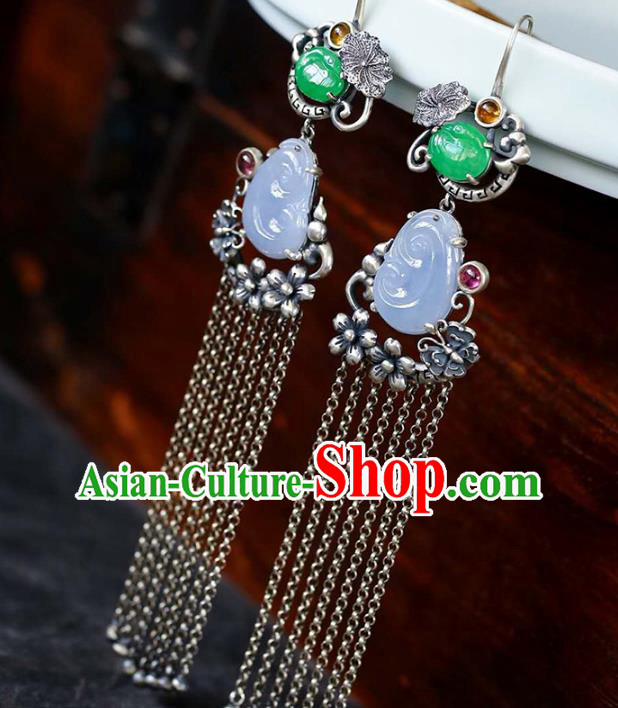 Handmade China Traditional Jade Eardrop Accessories National Cheongsam Silver Tassel Earrings Jewelry Handmade China Traditional Jade Eardrop Accessories National Cheongsam Silver Tassel Earrings Jewelry