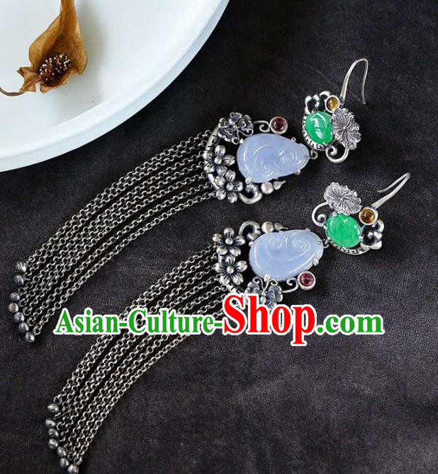 Handmade China Traditional Jade Eardrop Accessories National Cheongsam Silver Tassel Earrings Jewelry Handmade China Traditional Jade Eardrop Accessories National Cheongsam Silver Tassel Earrings Jewelry
