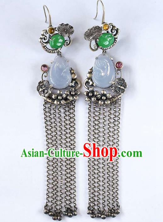Handmade China Traditional Jade Eardrop Accessories National Cheongsam Silver Tassel Earrings Jewelry Handmade China Traditional Jade Eardrop Accessories National Cheongsam Silver Tassel Earrings Jewelry