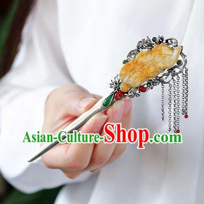 Chinese National Jade Jewelry Traditional Handmade Hair Accessories Silver Tassel Hairpin