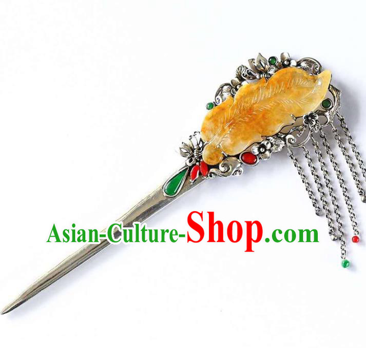 Chinese National Jade Jewelry Traditional Handmade Hair Accessories Silver Tassel Hairpin Chinese National Jade Jewelry Traditional Handmade Hair Accessories Silver Tassel Hairpin