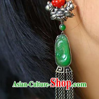 Handmade China Traditional Silver Tassel Eardrop National Jewelry Accessories Cheongsam Jadeite Earrings
