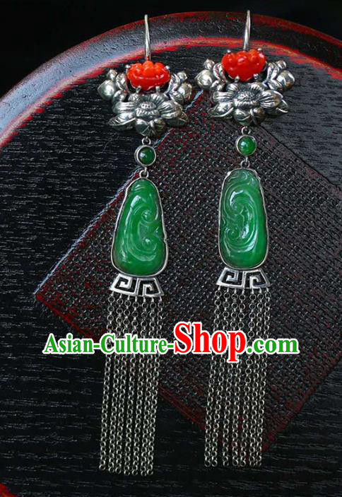 Handmade China Traditional Silver Tassel Eardrop National Jewelry Accessories Cheongsam Jadeite Earrings Handmade China Traditional Silver Tassel Eardrop National Jewelry Accessories Cheongsam Jadeite Earrings