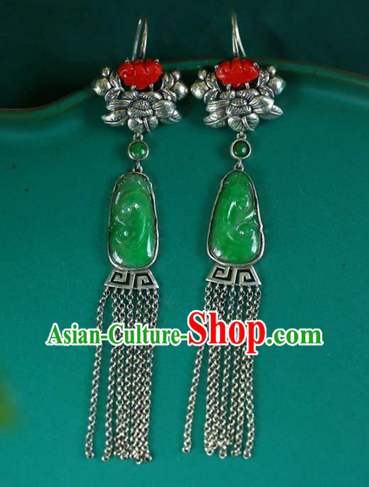 Handmade China Traditional Silver Tassel Eardrop National Jewelry Accessories Cheongsam Jadeite Earrings Handmade China Traditional Silver Tassel Eardrop National Jewelry Accessories Cheongsam Jadeite Earrings