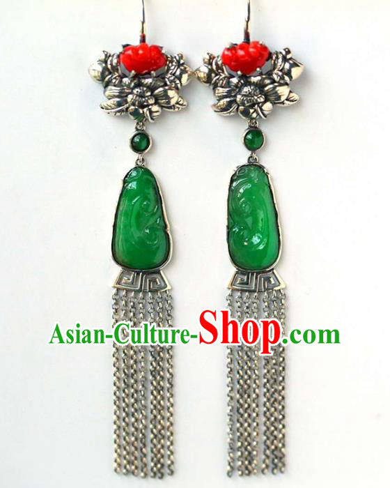 Handmade China Traditional Silver Tassel Eardrop National Jewelry Accessories Cheongsam Jadeite Earrings Handmade China Traditional Silver Tassel Eardrop National Jewelry Accessories Cheongsam Jadeite Earrings