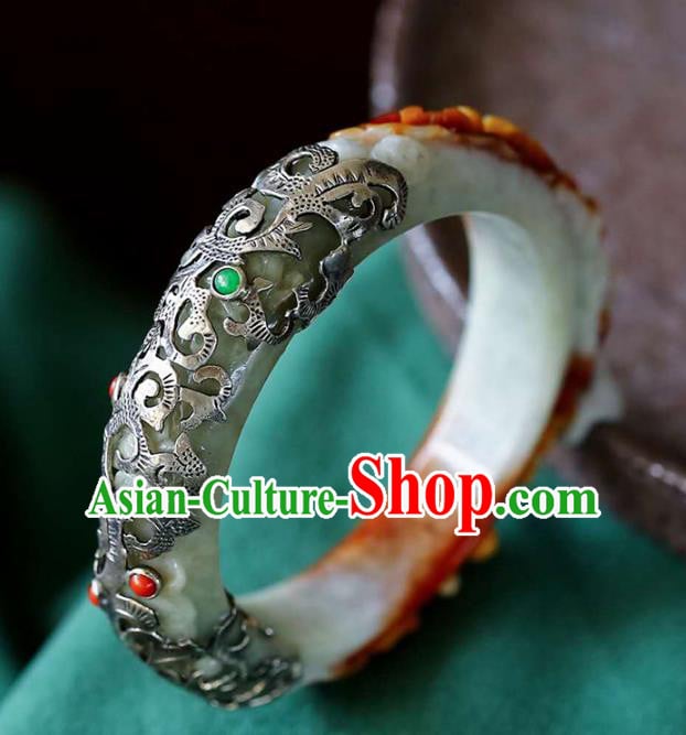 China Handmade Jade Carving Bracelet Traditional Jewelry Accessories National Silver Bangle China Handmade Jade Carving Bracelet Traditional Jewelry Accessories National Silver Bangle