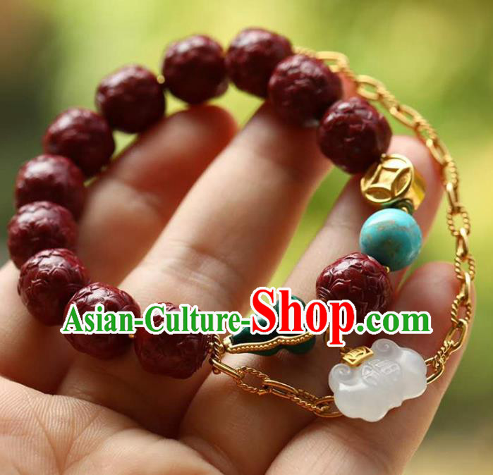 China Handmade Jade Lock Bracelet Traditional Jewelry Accessories National Vermilion Carving Lotus Bangle China Handmade Jade Lock Bracelet Traditional Jewelry Accessories National Vermilion Carving Lotus Bangle