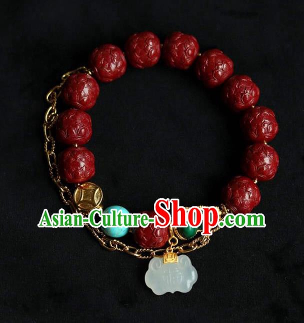 China Handmade Jade Lock Bracelet Traditional Jewelry Accessories National Vermilion Carving Lotus Bangle China Handmade Jade Lock Bracelet Traditional Jewelry Accessories National Vermilion Carving Lotus Bangle