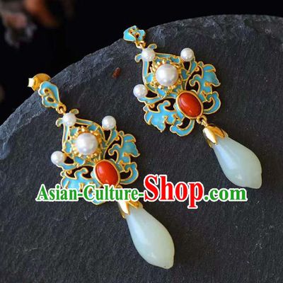 Handmade China Traditional Jewelry Cheongsam Pearls Eardrop Accessories National Jade Mangnolia Earrings