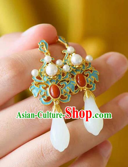 Handmade China Traditional Jewelry Cheongsam Pearls Eardrop Accessories National Jade Mangnolia Earrings Handmade China Traditional Jewelry Cheongsam Pearls Eardrop Accessories National Jade Mangnolia Earrings