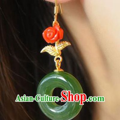 Handmade China Cheongsam Red Rose Eardrop Accessories National Jade Earrings Traditional Jewelry