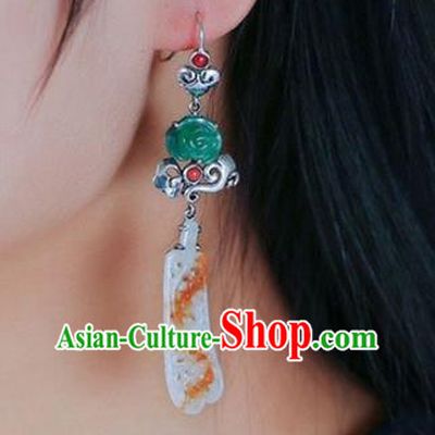 Handmade China Cheongsam Silver Eardrop Accessories Traditional Jewelry National Jadeite Earrings
