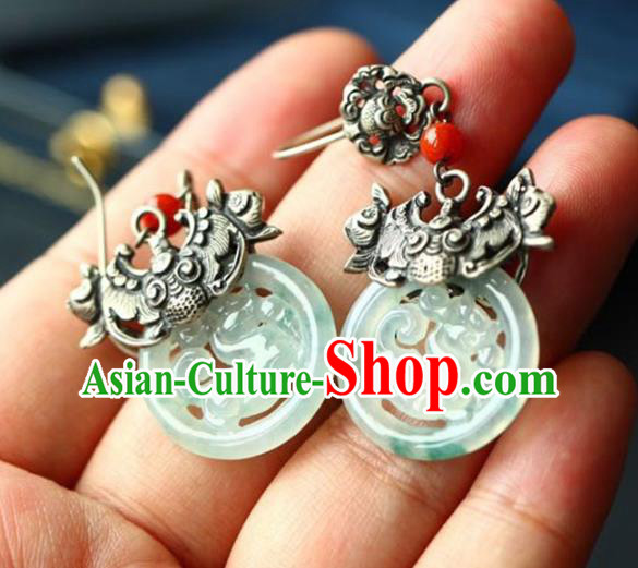 Handmade China Traditional Jade Jewelry Cheongsam Eardrop Accessories National Silver Carving Bat Earrings Handmade China Traditional Jade Jewelry Cheongsam Eardrop Accessories National Silver Carving Bat Earrings