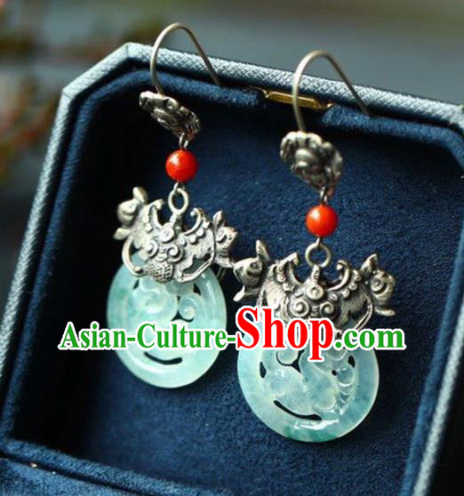 Handmade China Traditional Jade Jewelry Cheongsam Eardrop Accessories National Silver Carving Bat Earrings Handmade China Traditional Jade Jewelry Cheongsam Eardrop Accessories National Silver Carving Bat Earrings