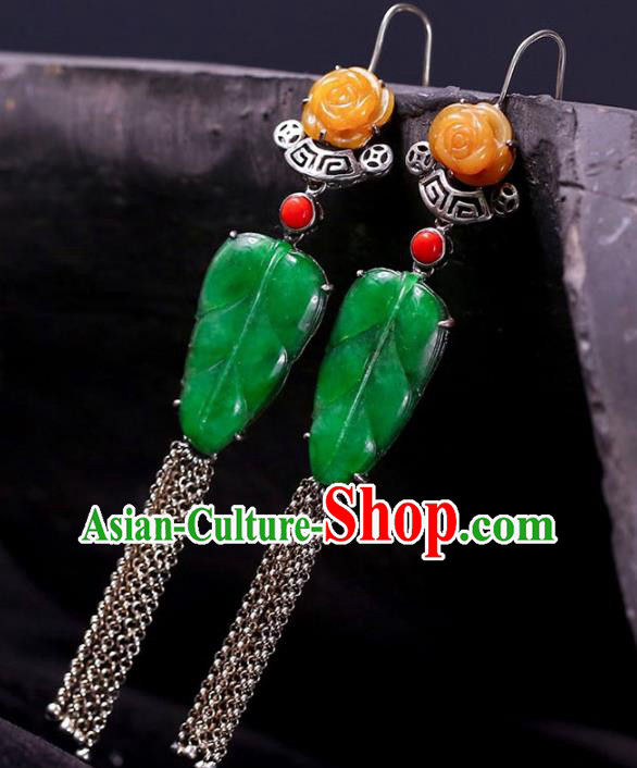Handmade China National Jade Leaf Earrings Cheongsam Tassel Eardrop Accessories Traditional Silver Jewelry Handmade China National Jade Leaf Earrings Cheongsam Tassel Eardrop Accessories Traditional Silver Jewelry