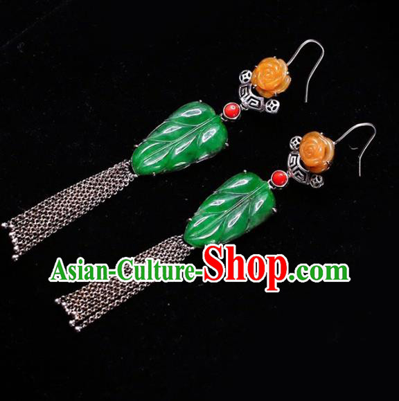 Handmade China National Jade Leaf Earrings Cheongsam Tassel Eardrop Accessories Traditional Silver Jewelry Handmade China National Jade Leaf Earrings Cheongsam Tassel Eardrop Accessories Traditional Silver Jewelry