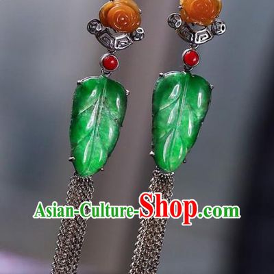 Handmade China National Jade Leaf Earrings Cheongsam Tassel Eardrop Accessories Traditional Silver Jewelry