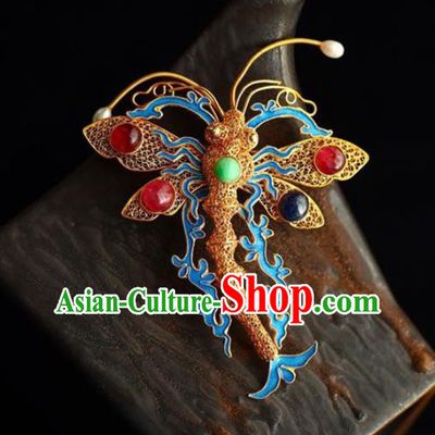 Chinese National Golden Dragonfly Brooch Jewelry Traditional Handmade Qing Dynasty Hairpin Cloisonne Hair Accessories