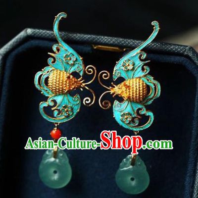 Handmade China Cheongsam Blue Bat Eardrop Accessories National Earrings Traditional Jade Jewelry