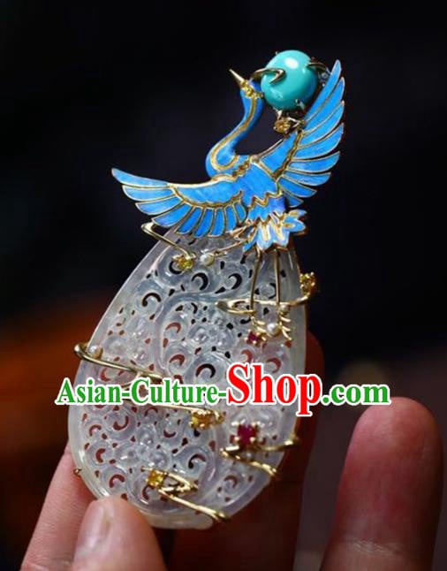 Chinese National Classical Blueing Crane Necklace Accessories Handmade Jade Carving Necklet Pendant Chinese National Classical Blueing Crane Necklace Accessories Handmade Jade Carving Necklet Pendant