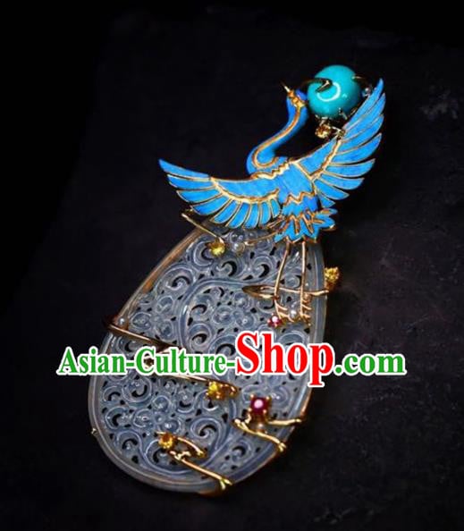 Chinese National Classical Blueing Crane Necklace Accessories Handmade Jade Carving Necklet Pendant Chinese National Classical Blueing Crane Necklace Accessories Handmade Jade Carving Necklet Pendant