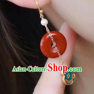Handmade China National Enamel Gourd Earrings Traditional Jewelry Cheongsam Agate Peace Buckle Eardrop Accessories