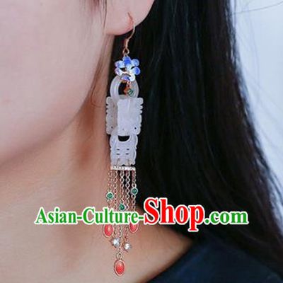 Handmade China National Tassel Earrings Traditional Blueing Jewelry Accessories Cheongsam Jade Eardrop