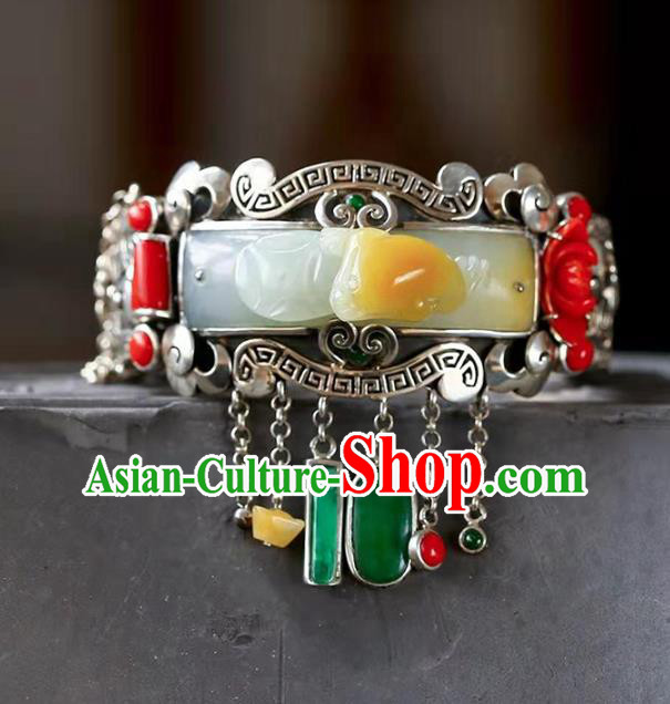 China Handmade Retro Silver Bracelet Traditional Jewelry Accessories National Jade Carving Bangle China Handmade Retro Silver Bracelet Traditional Jewelry Accessories National Jade Carving Bangle