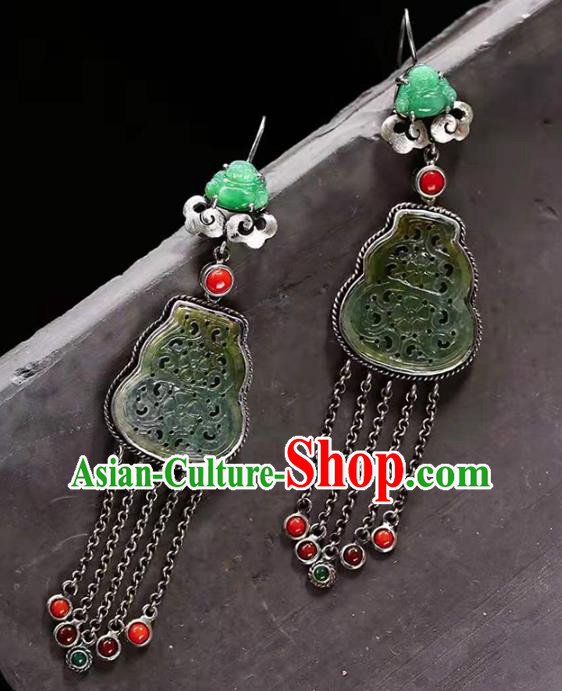 Handmade China National Jade Gourd Earrings Traditional Jewelry Accessories Cheongsam Silver Tassel Eardrop Handmade China National Jade Gourd Earrings Traditional Jewelry Accessories Cheongsam Silver Tassel Eardrop