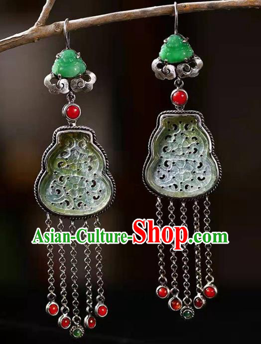 Handmade China National Jade Gourd Earrings Traditional Jewelry Accessories Cheongsam Silver Tassel Eardrop Handmade China National Jade Gourd Earrings Traditional Jewelry Accessories Cheongsam Silver Tassel Eardrop