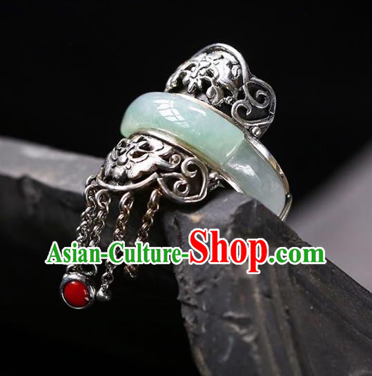 Chinese National Jade Ring Jewelry Traditional Handmade Silver Tassel Circlet Accessories Chinese National Jade Ring Jewelry Traditional Handmade Silver Tassel Circlet Accessories