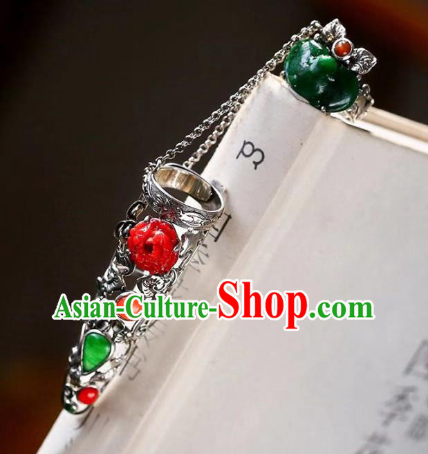 Chinese National Retro Silver Jewelry Traditional Handmade Accessories Jadeite Nail Wrap with Ring Chinese National Retro Silver Jewelry Traditional Handmade Accessories Jadeite Nail Wrap with Ring